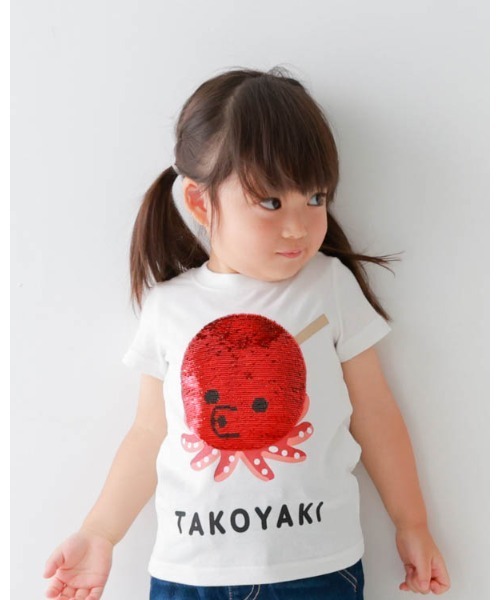 CHEEK ROOM(チークルーム)の「CHEEK ROOM/チークルーム スパンコールたこ焼きTシャツ(Tシャツ/カットソー・キッズ・オフホワイト/イエロー/ピンク・130cm/100cm/120cm/110cm/90cm/80cm)」の4枚目の写真
