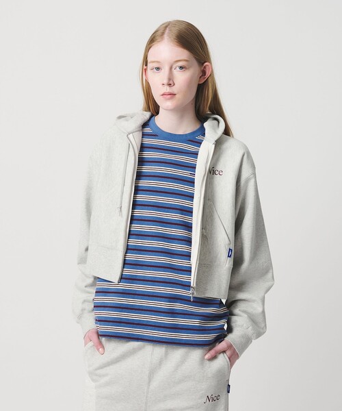 NICE WEATHER（ナイスウェザー）の「＜NICE WEATHER＞ウィメンズ ジップクロップドパーカ 2（スウェット・レディース・ライトピンク/ネイビー/ライトグレー・FREE）」の6枚目の写真