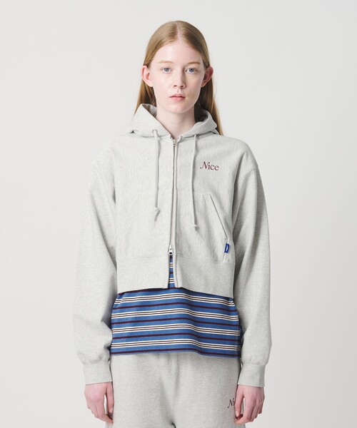 NICE WEATHER（ナイスウェザー）の「＜NICE WEATHER＞ウィメンズ ジップクロップドパーカ 2（スウェット・レディース・ライトピンク/ネイビー/ライトグレー・FREE）」の8枚目の写真