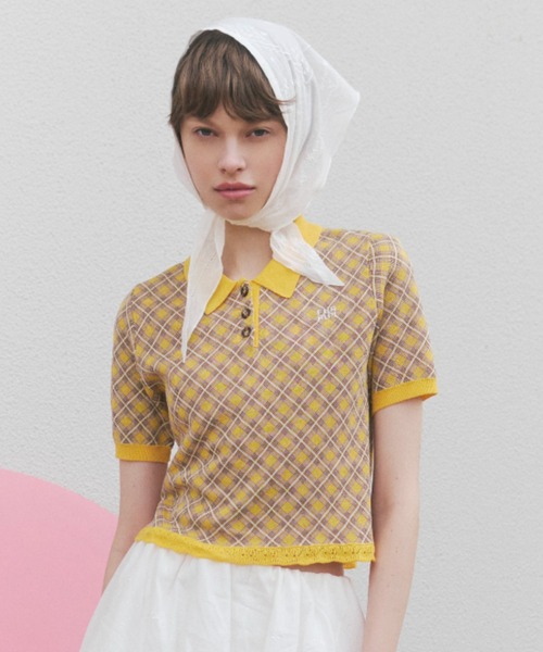FURFUR(ファーファー)の「チェックジャガードニットポロ(ニット/セーター・レディース・グレー/ブルー/イエロー・F)」の1枚目の写真
