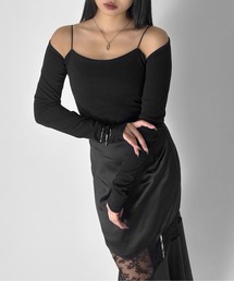 【LVEU.】ストラップデザイントップス / トップス カットソー ストラップ キャミ付き ストレッチ 長袖 オフショル サイドギャザー シャーリング シンプル ブラック ホワイト グレー ZOZOTOWN限定