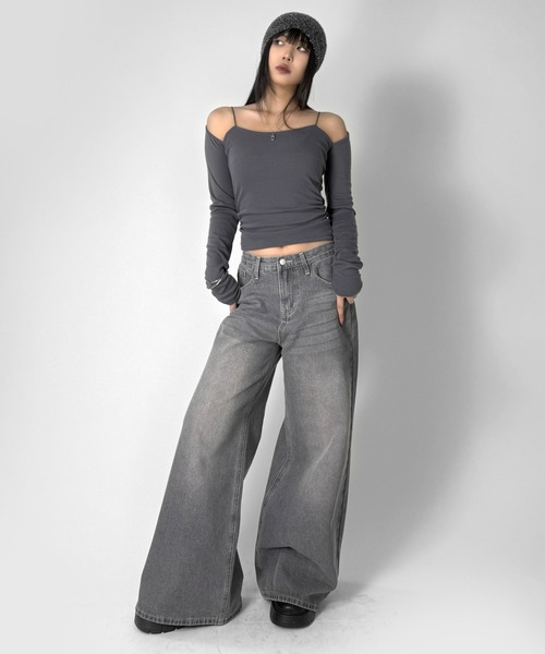 LVEU.(ラブユ.)の「【LVEU.】ストラップデザイントップス / トップス カットソー ストラップ キャミ付き ストレッチ 長袖 オフショル サイドギャザー シャーリング シンプル ブラック ホワイト グレー ZOZOTOWN限定(Tシャツ/カットソー・レディース・ホワイト/グレー/ブラック・FREE)」の11枚目の写真