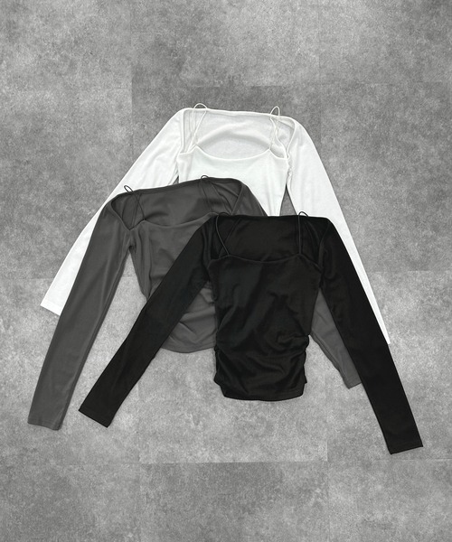 LVEU.(ラブユ.)の「【LVEU.】ストラップデザイントップス / トップス カットソー ストラップ キャミ付き ストレッチ 長袖 オフショル サイドギャザー シャーリング シンプル ブラック ホワイト グレー ZOZOTOWN限定(Tシャツ/カットソー・レディース・ホワイト/グレー/ブラック・FREE)」の9枚目の写真