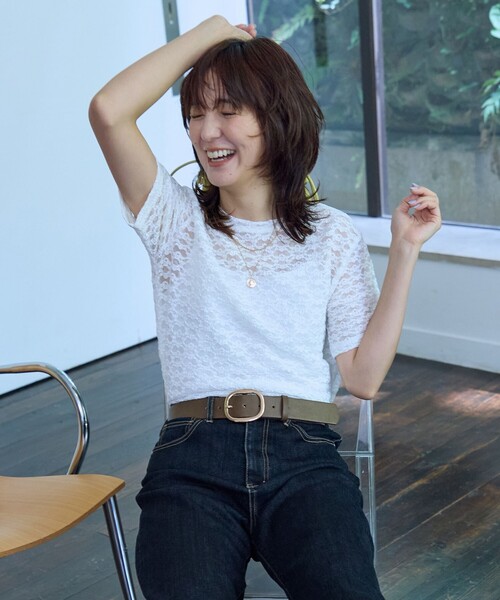 ANY（エニィ）の「レースショート丈Tシャツ（Tシャツ/カットソー・レディース・ホワイト系/ホワイト系2/ブラック系2/ピンク系/グリーン系/ダークブラウン系・F）」の7枚目の写真