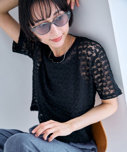 ANY（エニィ）の「レースショート丈Tシャツ（Tシャツ/カットソー・レディース・ホワイト系/ホワイト系2/ブラック系2/ピンク系/グリーン系/ダークブラウン系・F）」の13枚目の写真