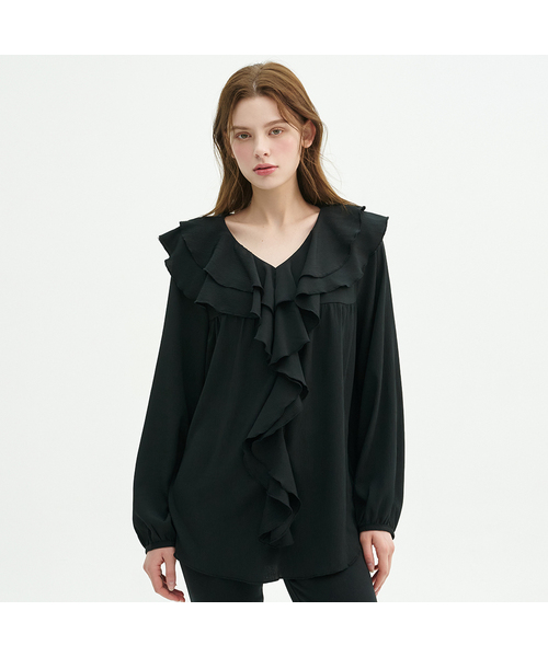 MICANE(ミケーネ)の「マリポサリングルラッフルブラウス(シャツ/ブラウス・レディース・クリーム/ブラック・LARGE/MEDIUM/SMALL/X-LARGE)」の1枚目の写真