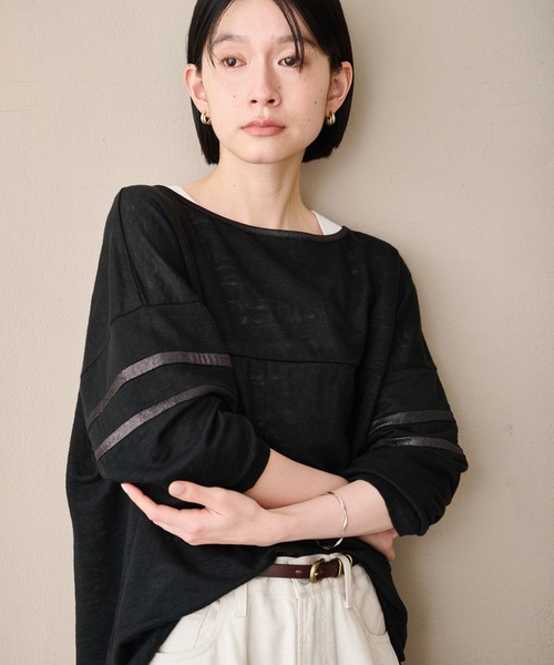 kha:ki(カーキ)の「「KHA:KI / カーキ」リネンラインスリーブトップ(Tシャツ/カットソー・レディース・ライトベージュ/オリーブ/ブラック/オフホワイト・1)」の1枚目の写真