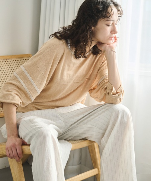 kha:ki(カーキ)の「「KHA:KI / カーキ」リネンラインスリーブトップ(Tシャツ/カットソー・レディース・ライトベージュ/オリーブ/ブラック/オフホワイト・1)」の6枚目の写真