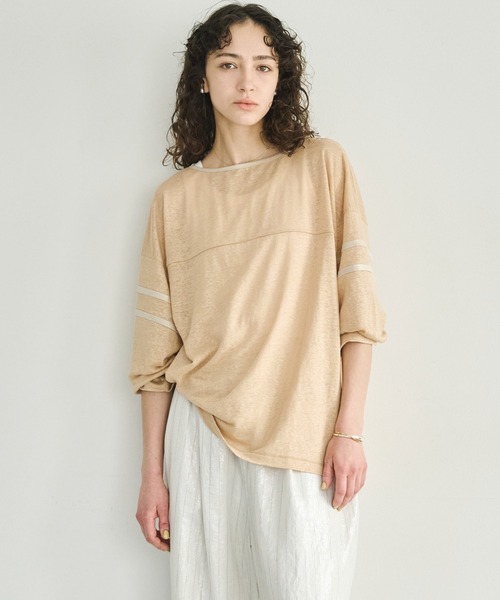 kha:ki(カーキ)の「「KHA:KI / カーキ」リネンラインスリーブトップ(Tシャツ/カットソー・レディース・ライトベージュ/オリーブ/ブラック/オフホワイト・1)」の11枚目の写真