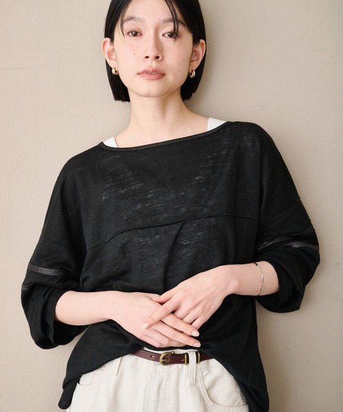 kha:ki(カーキ)の「「KHA:KI / カーキ」リネンラインスリーブトップ(Tシャツ/カットソー・レディース・ライトベージュ/オリーブ/ブラック/オフホワイト・1)」の13枚目の写真