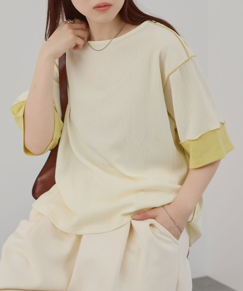 Mac-House(マックハウス)の「Free Nature シャーリング 配色切り替え プルオーバー(Tシャツ/カットソー・レディース・ブラック/ホワイト/モカ・L/M)」の1枚目の写真