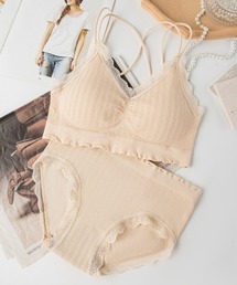 Beststore（ベストストア）の「上下セット リブリボン ブラ＆ショーツ セット ナイトブラ ノンワイヤー 24H美胸サポ－ト 夜朝オールインワン 春夏秋冬（ブラ&ショーツ）」