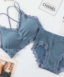 Beststore（ベストストア）の「上下セット リブリボン ブラ＆ショーツ セット ナイトブラ ノンワイヤー 24H美胸サポ－ト 夜朝オールインワン 春夏秋冬（ブラ&ショーツ）」