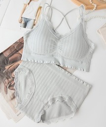 Beststore（ベストストア）の「上下セット リブリボン ブラ＆ショーツ セット ナイトブラ ノンワイヤー 24H美胸サポ－ト 夜朝オールインワン 春夏秋冬（ブラ&ショーツ）」