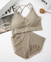 Beststore（ベストストア）の「上下セット リブリボン ブラ＆ショーツ セット ナイトブラ ノンワイヤー 24H美胸サポ－ト 夜朝オールインワン 春夏秋冬（ブラ&ショーツ）」