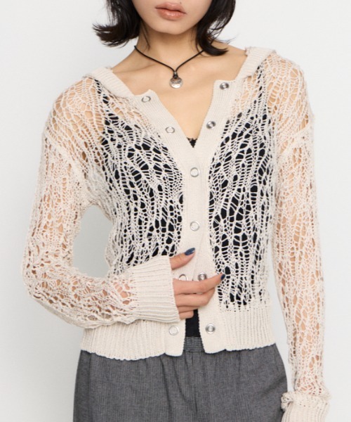 LAGUA GEM(ラグアジェム)の「MESH FABRIC HOODIE カーディガン(カーディガン/ボレロ・レディース・アイボリー/ブラック/カーキ・FREE)」の2枚目の写真
