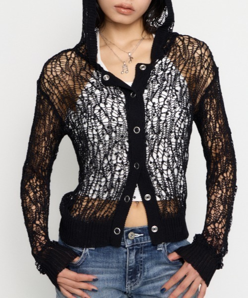 LAGUA GEM(ラグアジェム)の「MESH FABRIC HOODIE カーディガン(カーディガン/ボレロ・レディース・アイボリー/ブラック/カーキ・FREE)」の3枚目の写真