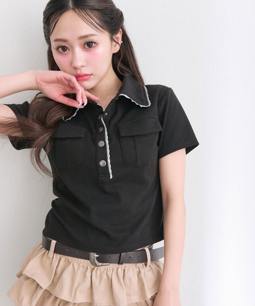 OLIVE des OLIVE(オリーブデオリーブ)の「ミリタリー風シャツ(Tシャツ/カットソー・レディース・ブラック/ベージュ/オフホワイト・FREE)」の2枚目の写真
