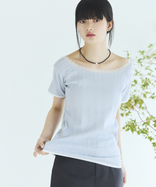 Firsthand(ファーストハンド)の「Firsthand/ファーストハンド ボートネック 針抜きニット レースTシャツ(Tシャツ/カットソー・レディース・オフホワイト/グレー/ブラック・FREE)」の1枚目の写真