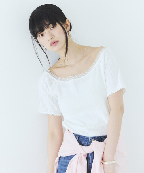 Firsthand(ファーストハンド)の「Firsthand/ファーストハンド ボートネック 針抜きニット レースTシャツ(Tシャツ/カットソー・レディース・オフホワイト/グレー/ブラック・FREE)」の2枚目の写真