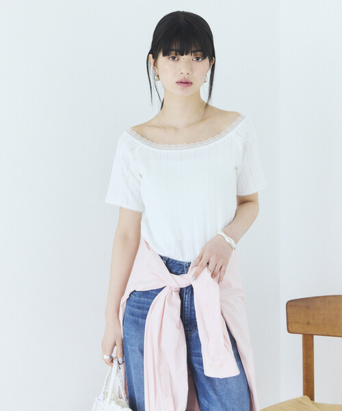 Firsthand(ファーストハンド)の「Firsthand/ファーストハンド ボートネック 針抜きニット レースTシャツ(Tシャツ/カットソー・レディース・オフホワイト/グレー/ブラック・FREE)」の6枚目の写真