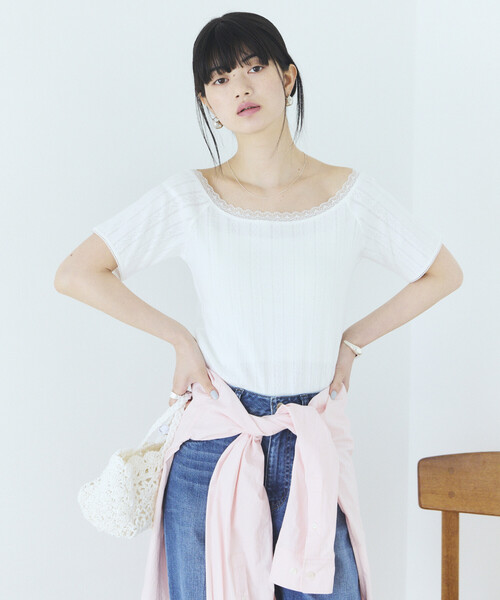 Firsthand(ファーストハンド)の「Firsthand/ファーストハンド ボートネック 針抜きニット レースTシャツ(Tシャツ/カットソー・レディース・オフホワイト/グレー/ブラック・FREE)」の7枚目の写真