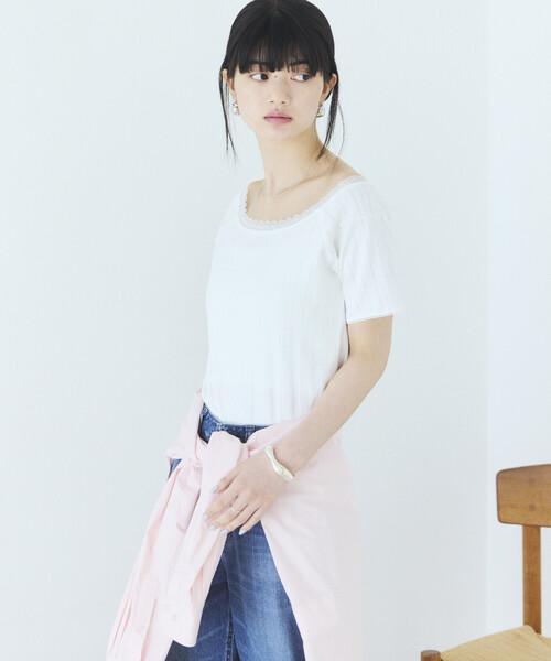 Firsthand(ファーストハンド)の「Firsthand/ファーストハンド ボートネック 針抜きニット レースTシャツ(Tシャツ/カットソー・レディース・オフホワイト/グレー/ブラック・FREE)」の8枚目の写真