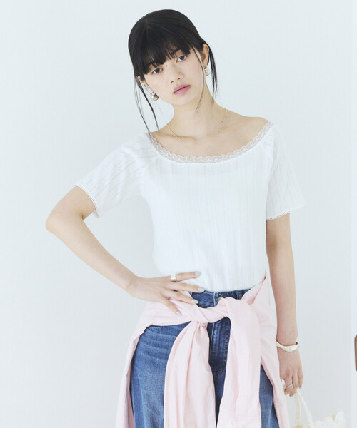 Firsthand(ファーストハンド)の「Firsthand/ファーストハンド ボートネック 針抜きニット レースTシャツ(Tシャツ/カットソー・レディース・オフホワイト/グレー/ブラック・FREE)」の13枚目の写真