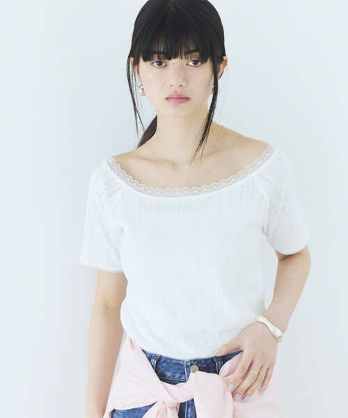Firsthand(ファーストハンド)の「Firsthand/ファーストハンド ボートネック 針抜きニット レースTシャツ(Tシャツ/カットソー・レディース・オフホワイト/グレー/ブラック・FREE)」の15枚目の写真