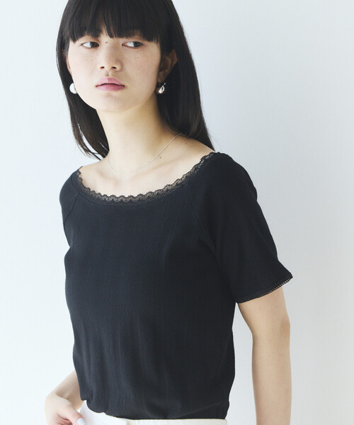 Firsthand(ファーストハンド)の「Firsthand/ファーストハンド ボートネック 針抜きニット レースTシャツ(Tシャツ/カットソー・レディース・オフホワイト/グレー/ブラック・FREE)」の4枚目の写真