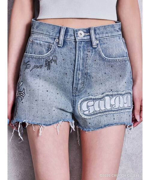 GALFY（ガルフィー）の「GYDA×GALFYハイウエストGalDA bijou デニムショートパンツ（デニムパンツ・レディース・インディゴブルー/ライトブルー・MEDIUM/SMALL）」の7枚目の写真