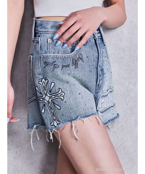 GALFY（ガルフィー）の「GYDA×GALFYハイウエストGalDA bijou デニムショートパンツ（デニムパンツ・レディース・インディゴブルー/ライトブルー・MEDIUM/SMALL）」の8枚目の写真