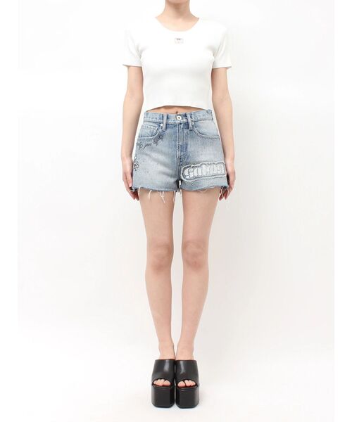 GALFY（ガルフィー）の「GYDA×GALFYハイウエストGalDA bijou デニムショートパンツ（デニムパンツ・レディース・インディゴブルー/ライトブルー・MEDIUM/SMALL）」の4枚目の写真