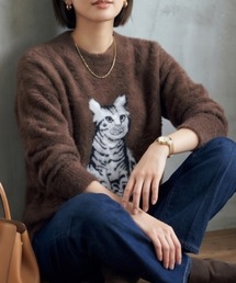 猫 ジャガード ふわふわシャギーニット オーバーサイズ プルオーバー/クルーネック