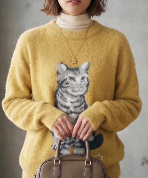 セール】猫 ジャガード シャギーニット オーバーサイズ プルオーバー