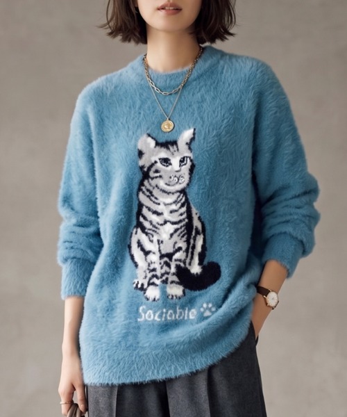 Belta attrice(ベルタアトリーチェ)の「猫 ジャガード ふわふわシャギーニット オーバーサイズ プルオーバー/クルーネック 秋冬(ニット/セーター・レディース・ベージュ/マスタード/ダークブラウン/グリーン/ブルー・FREE)」の18枚目の写真