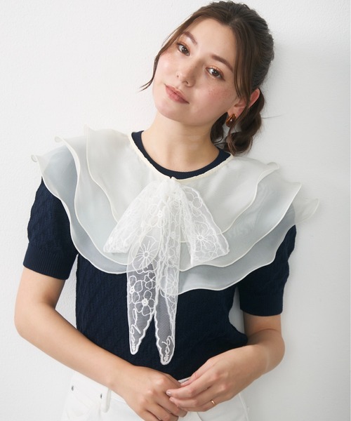 Lunea(ルネア)の「【リボン取り外し可】2wayチュールレイヤードつけ襟 / 2-way layered tulle collar(付け襟・レディース・ベージュ/ホワイト・FREE)」の1枚目の写真