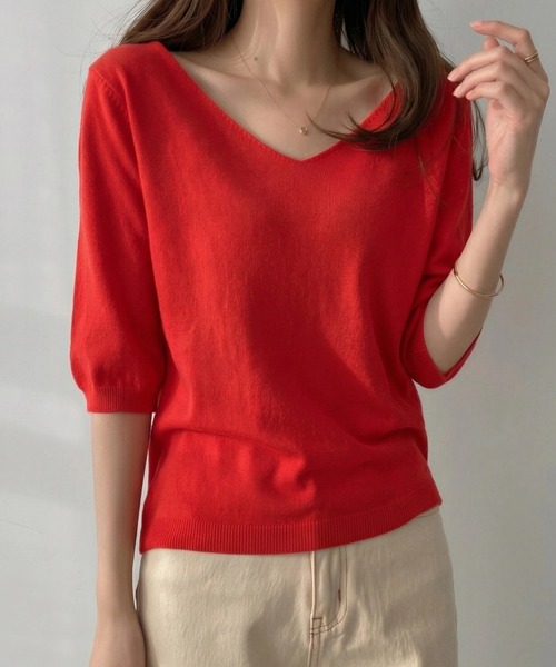 Vネックサマーニット半袖トップス（ニット/セーター）｜yuue' ( wear