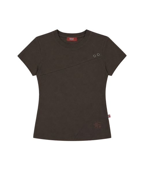 S'EST(エスイーエスティー)の「Crop Eyelet Cut-out T-shirts Charcoal(Tシャツ/カットソー・レディース・ダークブラウン・SMALL)」の1枚目の写真