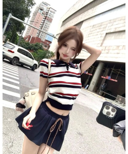 CHEER（チアー）の「【チビT】トリコロールボーダー ミニ丈リブポロシャツ（コンパクトサマーニット）（ポロシャツ・レディース・ホワイト・FREE）」の17枚目の写真