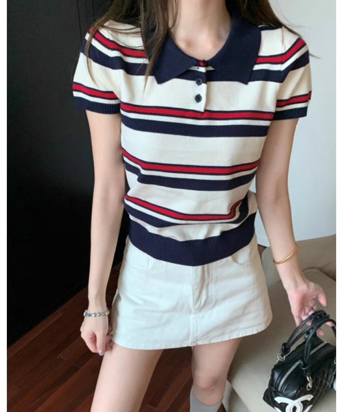 CHEER（チアー）の「【チビT】トリコロールボーダー ミニ丈リブポロシャツ（コンパクトサマーニット）（ポロシャツ・レディース・ホワイト・FREE）」の3枚目の写真
