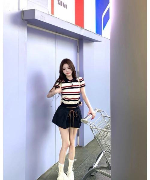 CHEER（チアー）の「【チビT】トリコロールボーダー ミニ丈リブポロシャツ（コンパクトサマーニット）（ポロシャツ・レディース・ホワイト・FREE）」の12枚目の写真