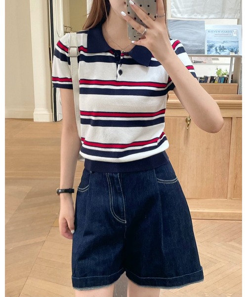 CHEER（チアー）の「【チビT】トリコロールボーダー ミニ丈リブポロシャツ（コンパクトサマーニット）（ポロシャツ・レディース・ホワイト・FREE）」の5枚目の写真