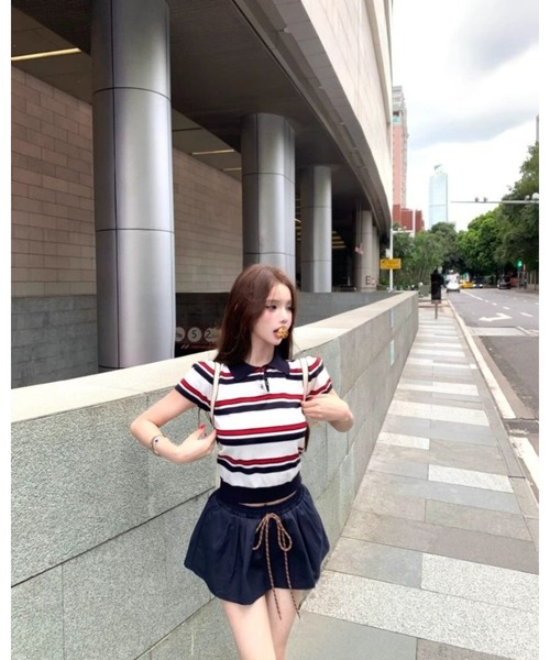 CHEER（チアー）の「【チビT】トリコロールボーダー ミニ丈リブポロシャツ（コンパクトサマーニット）（ポロシャツ・レディース・ホワイト・FREE）」の18枚目の写真