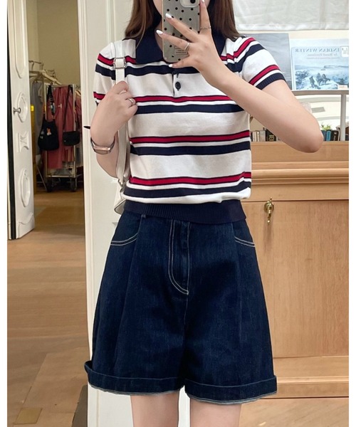 CHEER（チアー）の「【チビT】トリコロールボーダー ミニ丈リブポロシャツ（コンパクトサマーニット）（ポロシャツ・レディース・ホワイト・FREE）」の6枚目の写真