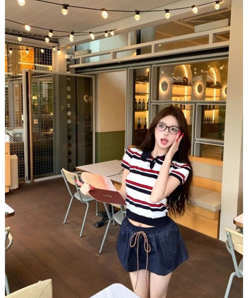 CHEER（チアー）の「【チビT】トリコロールボーダー ミニ丈リブポロシャツ（コンパクトサマーニット）（ポロシャツ・レディース・ホワイト・FREE）」の9枚目の写真