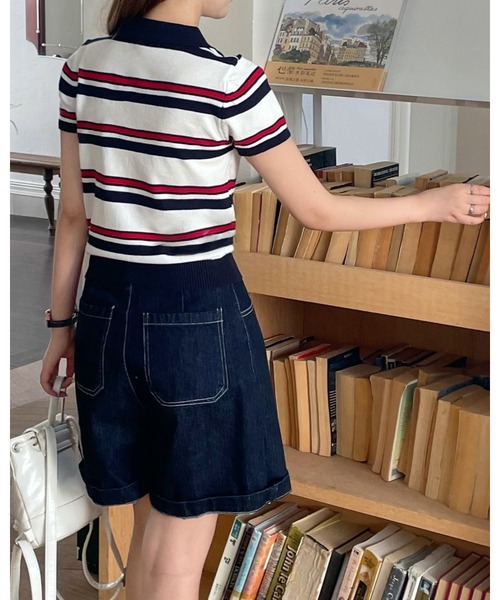 CHEER（チアー）の「【チビT】トリコロールボーダー ミニ丈リブポロシャツ（コンパクトサマーニット）（ポロシャツ・レディース・ホワイト・FREE）」の8枚目の写真