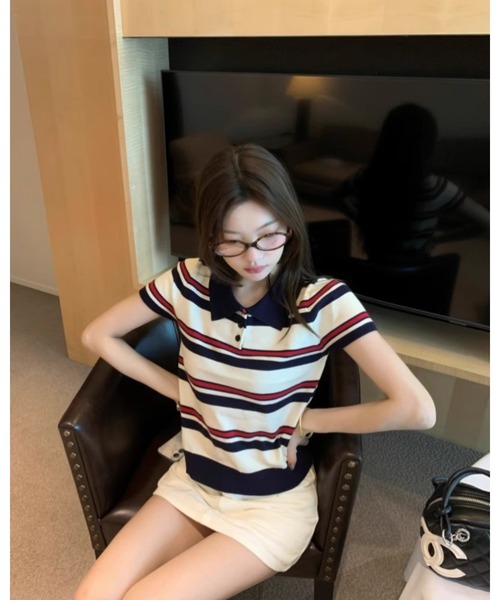 CHEER（チアー）の「【チビT】トリコロールボーダー ミニ丈リブポロシャツ（コンパクトサマーニット）（ポロシャツ・レディース・ホワイト・FREE）」の16枚目の写真