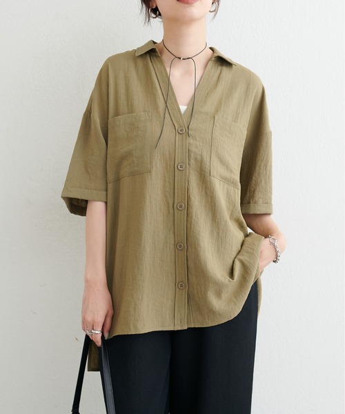 LARUTA(ラルータ)の「【LARUTA】麻調シアーポケット付きシャツ(シャツ/ブラウス・レディース・オフホワイト/カーキ/ブラック・FREE)」の3枚目の写真
