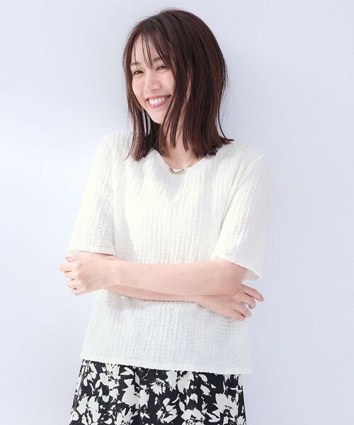UNTITLED(アンタイトル)の「◆【洗える】5分袖ポコポコプルオーバー(Tシャツ/カットソー・レディース・オフホワイト/ブラック・02)」の2枚目の写真